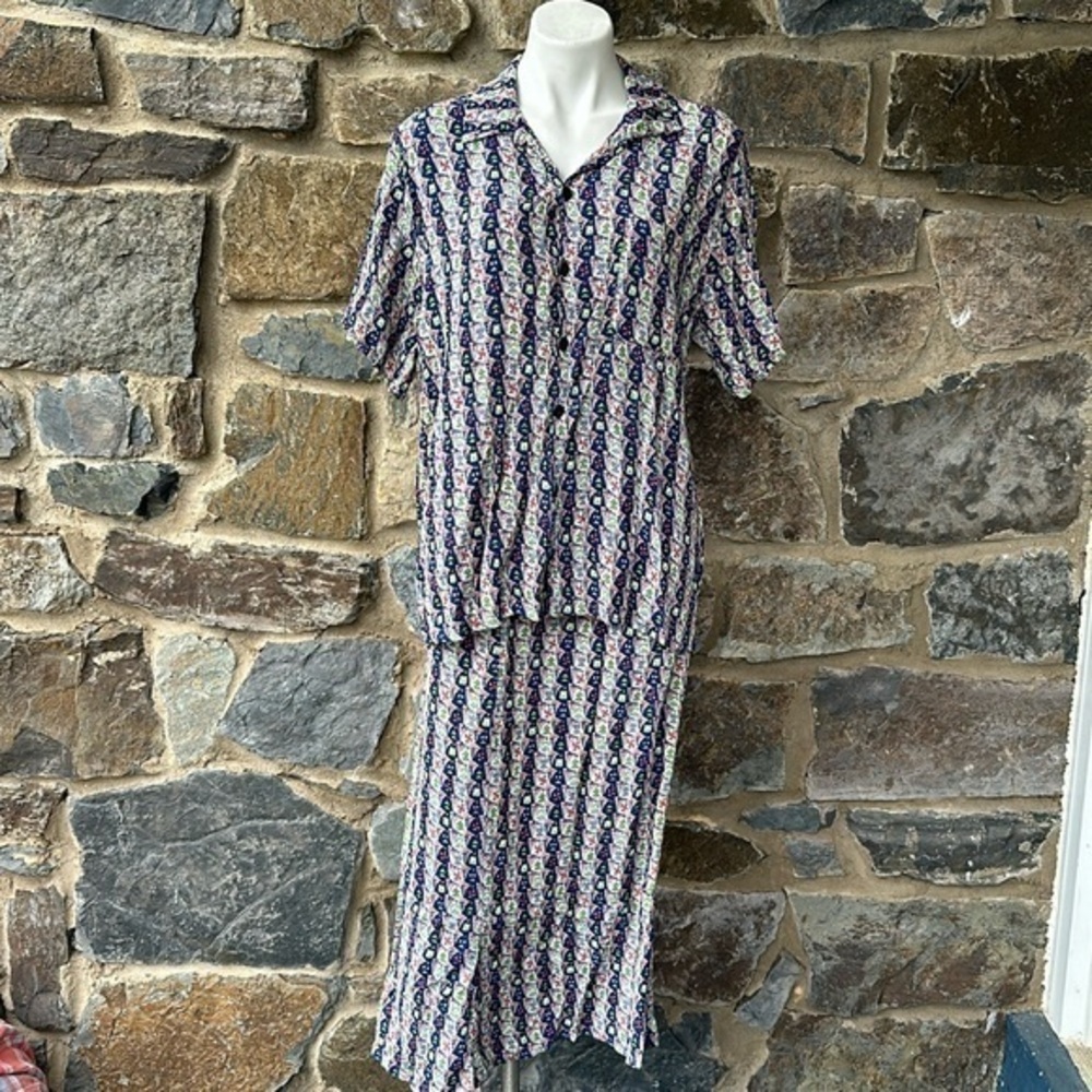 Flax Rayon Short Sleeve Button Up Shirt Blouse(M) and long skirt (L) Geo print